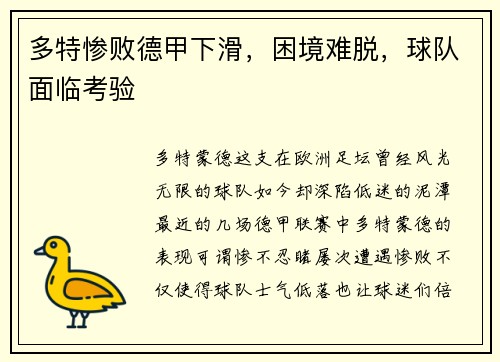 多特惨败德甲下滑，困境难脱，球队面临考验